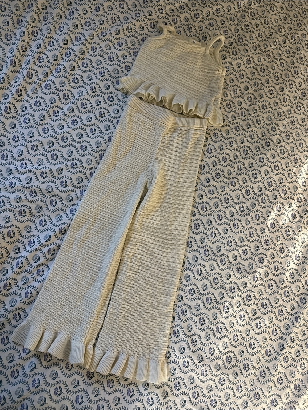 H&M Cream Ruffled Knit Tank & Wide-Leg Pants Set